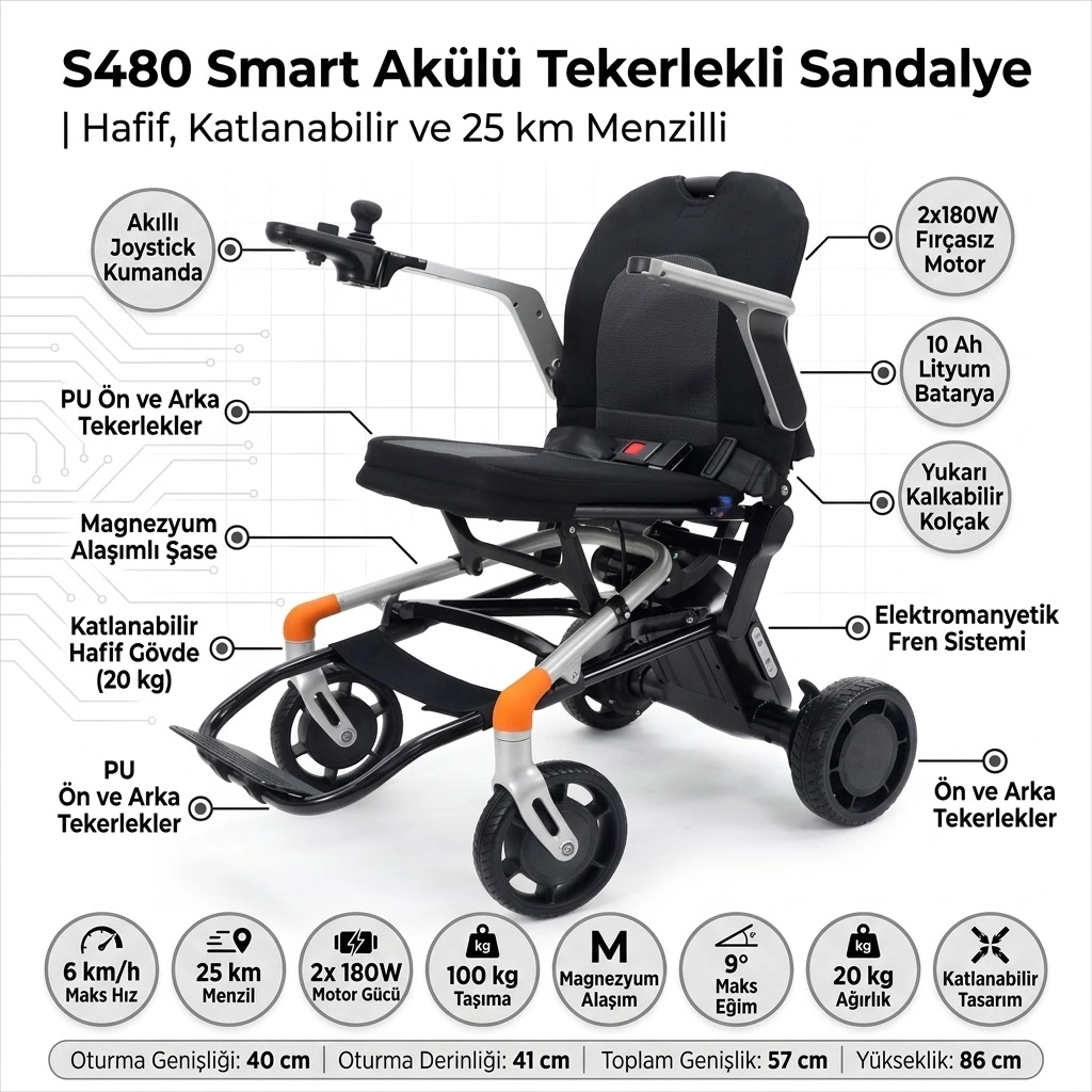 S480 Smart Akülü Tekerlekli Sandalye 10 AH