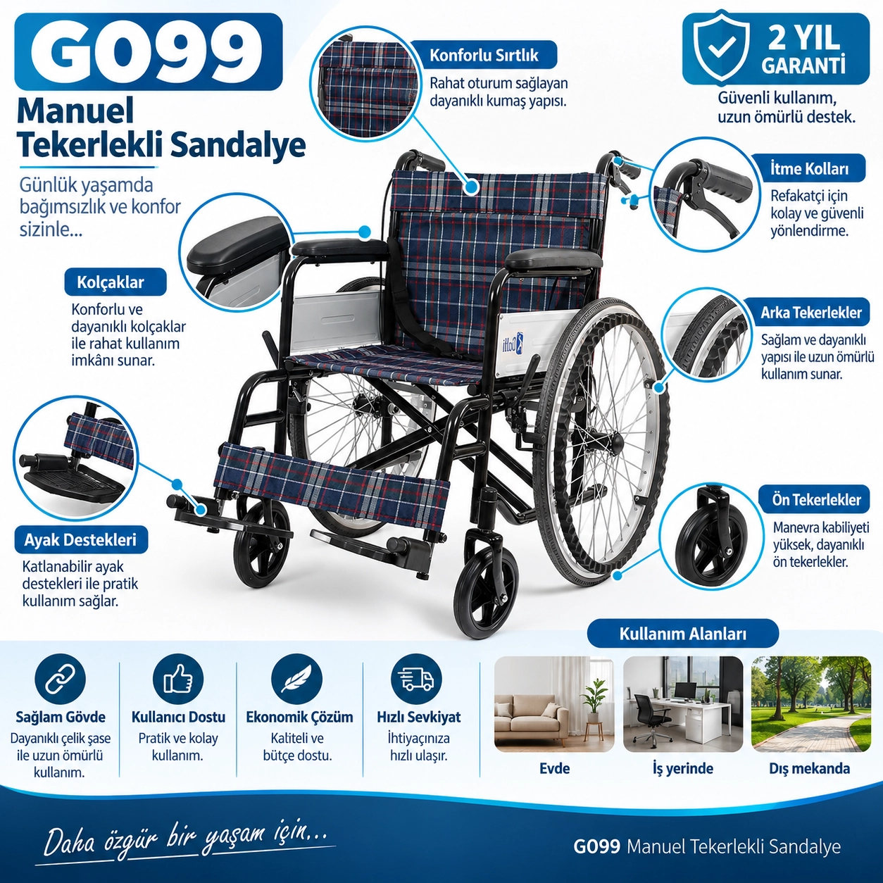 Golfi G099 Ekonomik Manuel Tekerlekli Sandalye