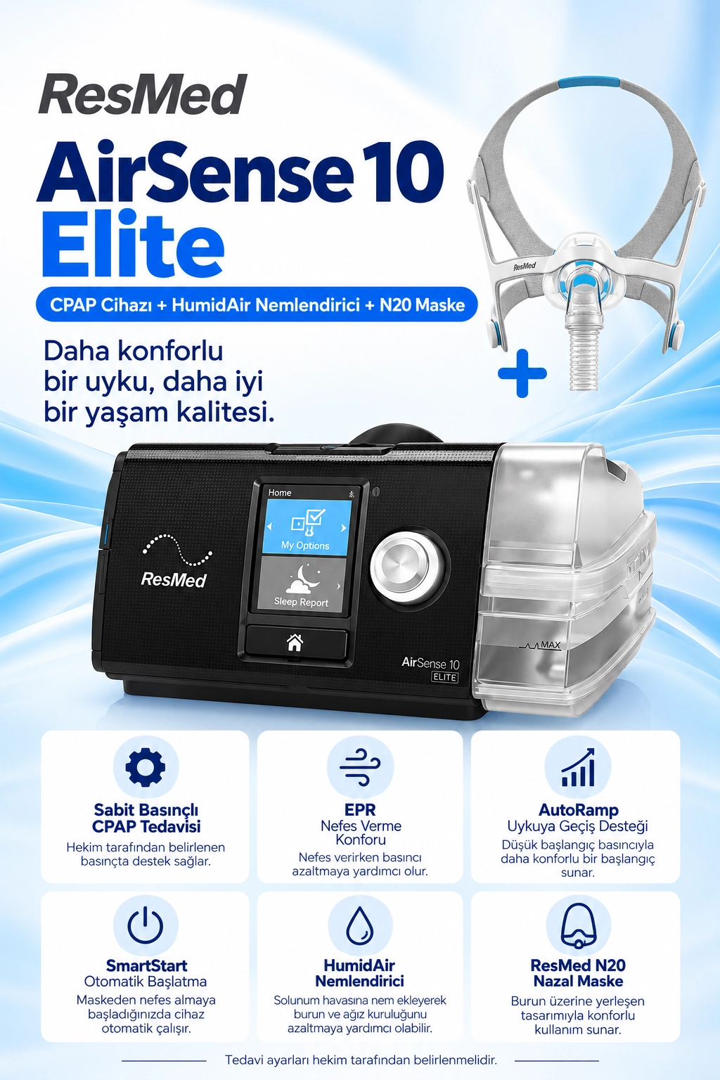 ResMed AirSense 10 Elite CPAP Cihazı + HumidAir Nemlendirici + N20 Maske