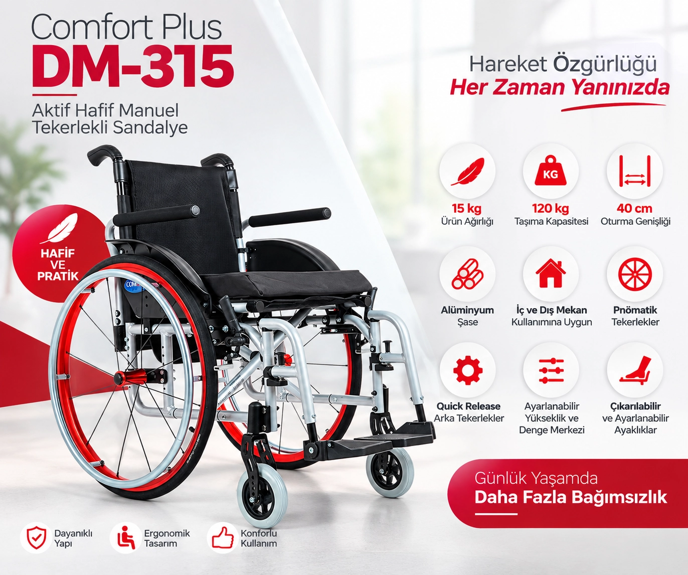 Comfort Plus DM-315 Active Hafif Manuel Alüminyum Tekerlekli Sandalye