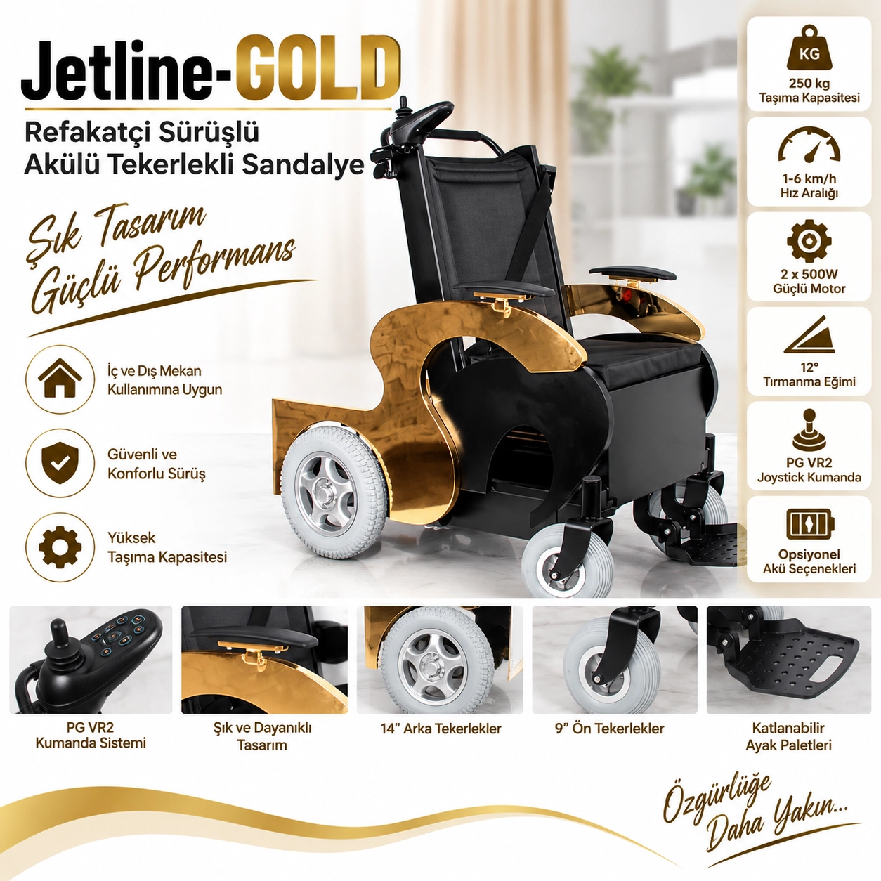 Jetline-Gold Refakatçi Sürüşlü Akülü Tekerlekli Sandalye