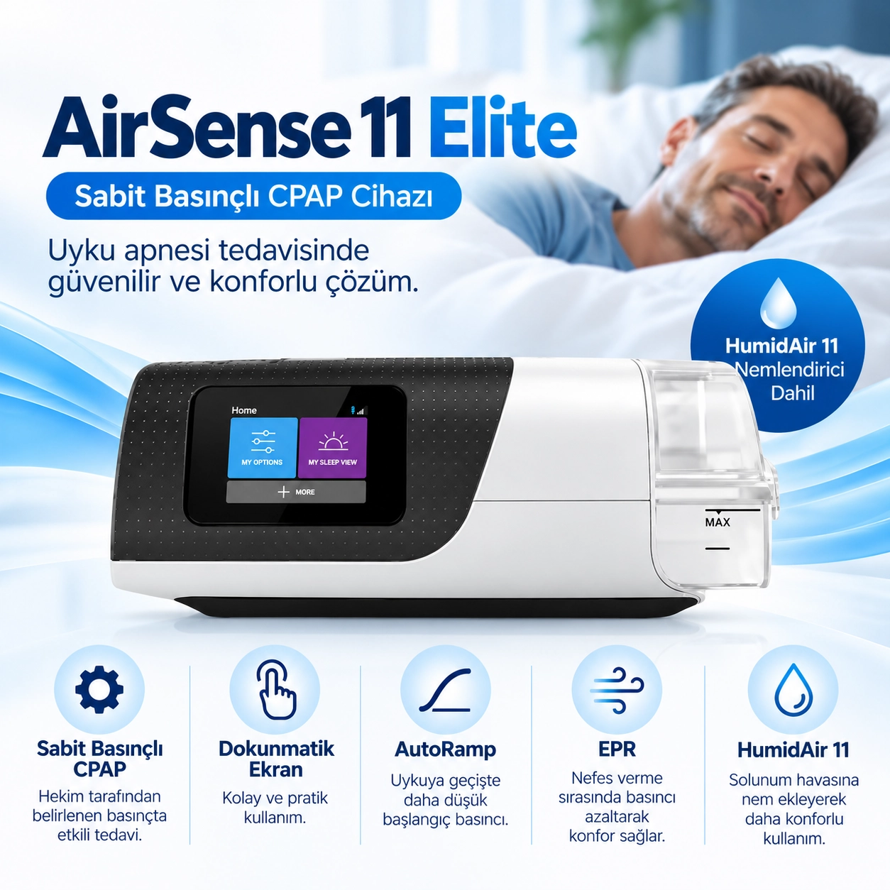ResMed AirSense 11 Elite CPAP Cihazı + HumidAir 11 Nemlendirici