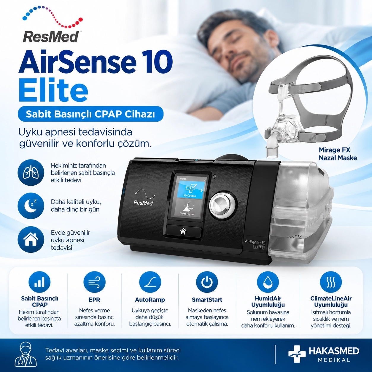 ResMed AirSense 10 Elite CPAP Cihazı + HumidAir Nemlendirici + Mirage FX Maske