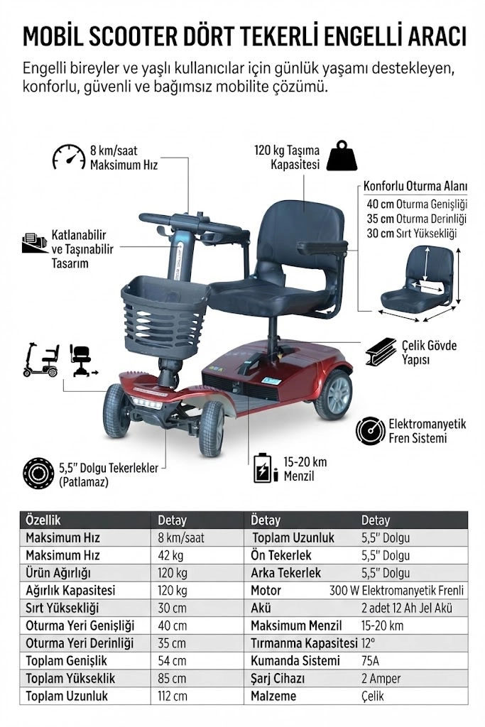 Mobil Scooter Dört Tekerli Engelli Aracı