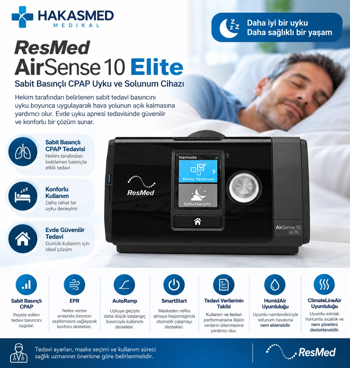 ResMed AirSense 10 Elite Sabit Basınçlı CPAP Uyku ve Solunum Cihazı