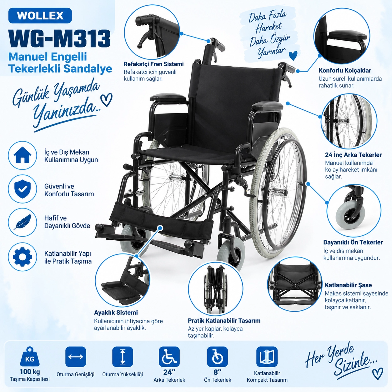 Wollex WG-M313 Manuel Tekerlekli Sandalye