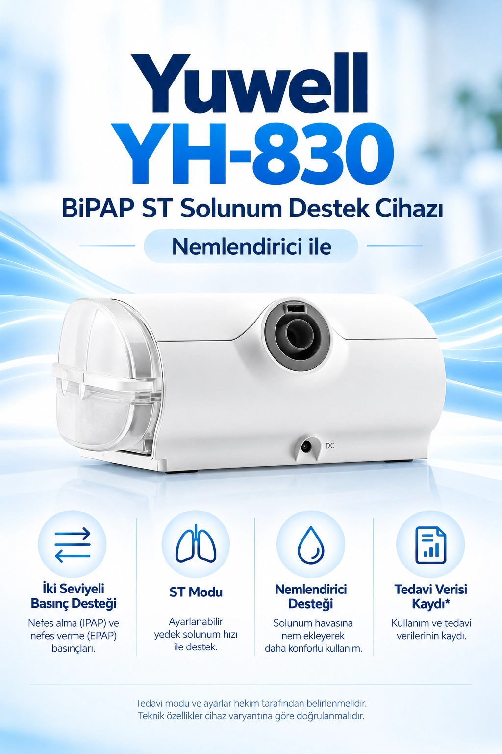 Yuwell YH-830 AVAPS BiPAP ST Cihazı + Nemlendirici + Maske