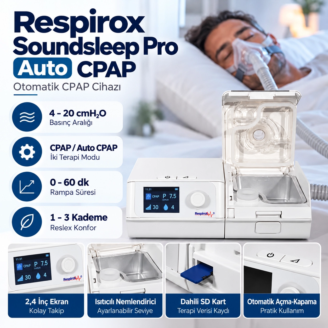 Respirox SoundSleep Auto CPAP Cihazı Pro + Maske+ Nemlendirici