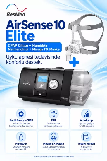 ResMed AirSense 10 Elite CPAP Cihazı + HumidAir Nemlendirici + Mirage FX Maske