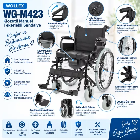 Wollex WG-M423 Klozetli Manuel Tekerlekli Sandalye