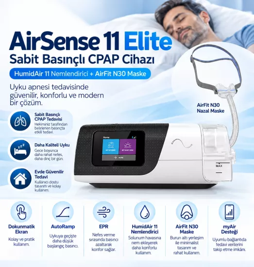ResMed AirSense 11 Elite CPAP Cihazı + HumidAir 11 Nemlendirici + AirFit N30 Maske