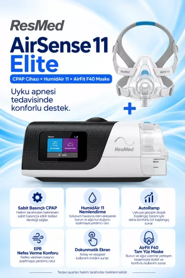 ResMed AirSense 11 Elite CPAP Cihazı + HumidAir Nemlendirici + F40 Maske