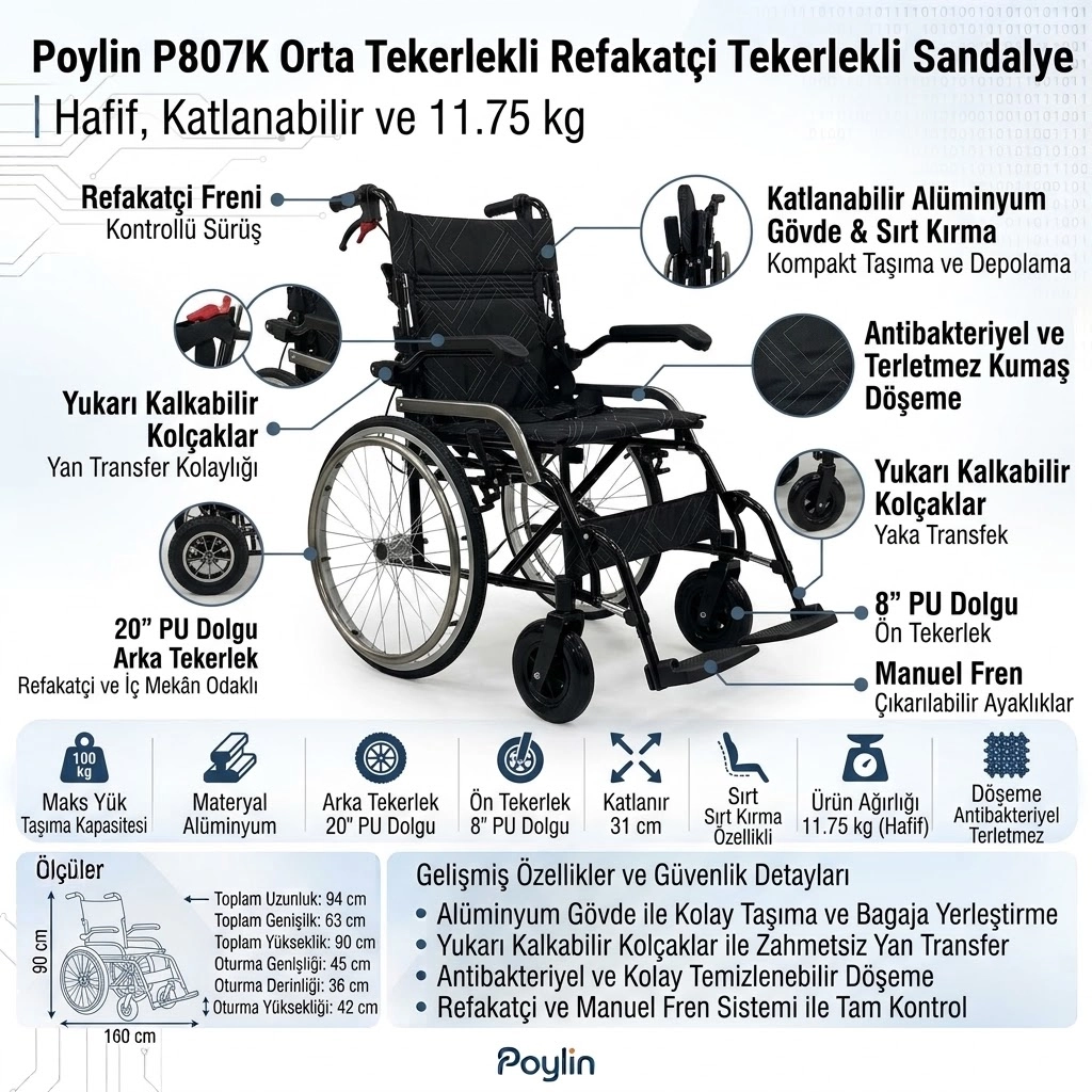 Poylin P807K Orta Tekerlekli Refakatçi Tekerlekli Sandalye