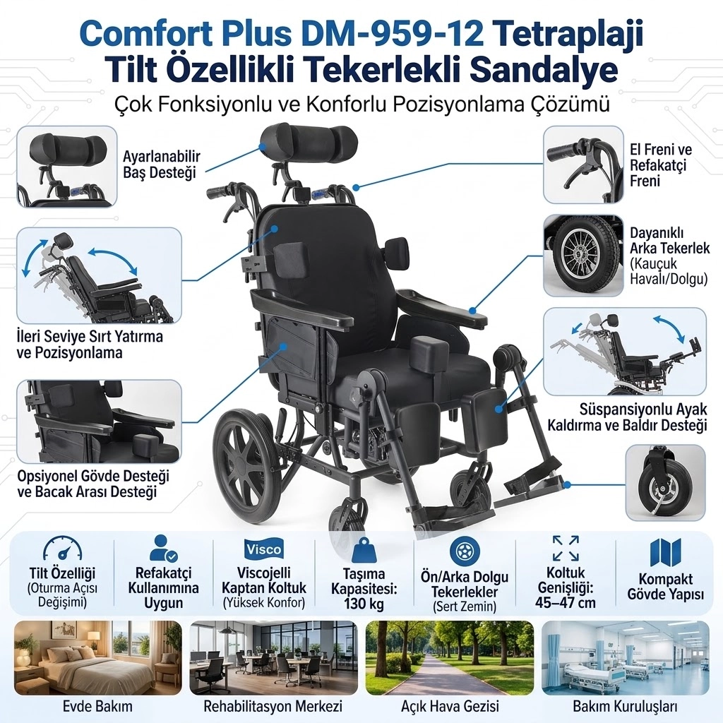 Comfort Plus Tetraplaji Tekerlekli Sandalye | Tilt ve Sırt Yatarlı Çok Fonksiyonlu Model DM-959-12